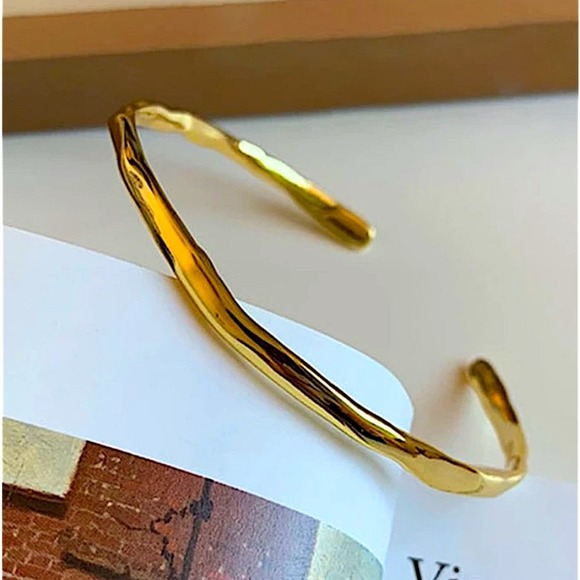 Gold Irregular Bangle Bracelet, Geometric, Cuff, Minimalist - Picture 3 of 8